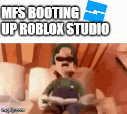 a gif of a cartoon character reading a book with the words mfs booting up roblox studio above him