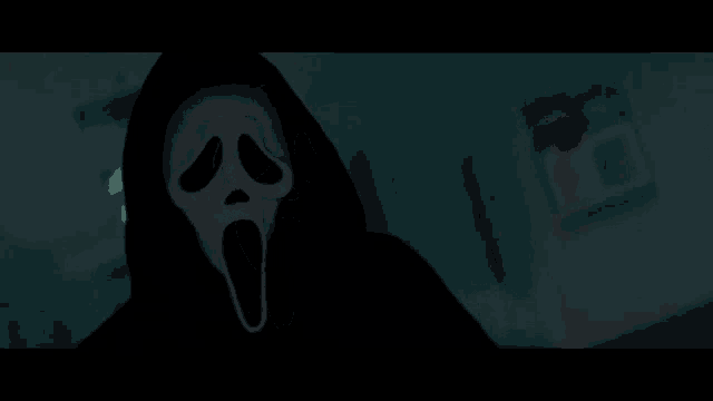 a person wearing a scream mask with a hood on