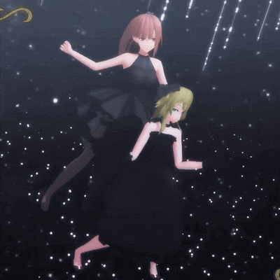 two anime girls in black dresses are dancing in a dark room