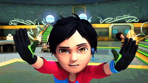 a cartoon character wearing gloves is standing in a room