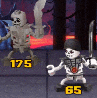 two lego skeletons are standing next to each other in a video game holding swords .