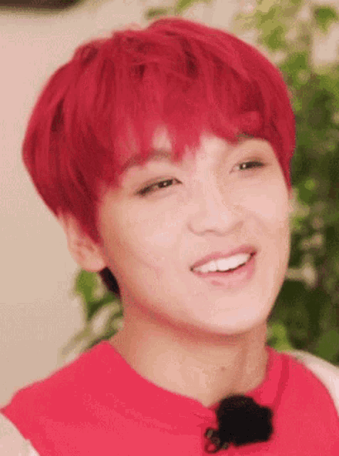 a young man with red hair and a red shirt smiles