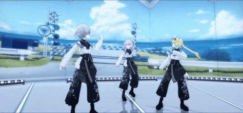 three anime girls are dancing on a stage in front of a sign that says ' triangle '