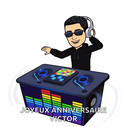 a cartoon of a man wearing headphones and sunglasses playing music with the words joyeux anniversaire victor written below him