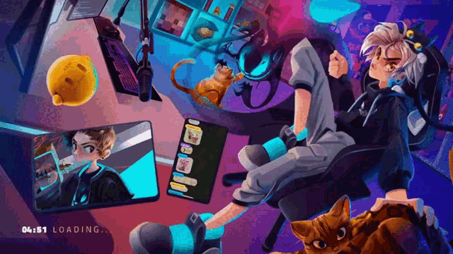 a loading screen shows a person sitting at a desk with a cat