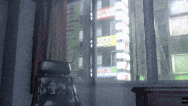 a chair sits in front of a window with a sign on it that says ' tokyo ' on it
