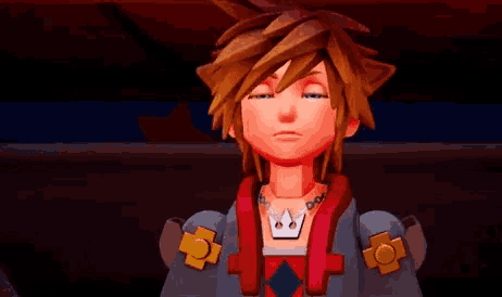 sora from kingdom hearts is wearing a necklace with a crown on it and a red jacket .