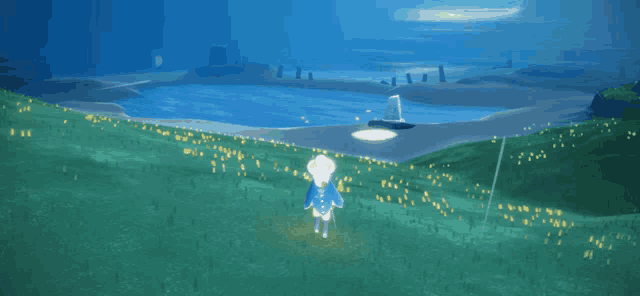 a person in a video game standing in front of a lake