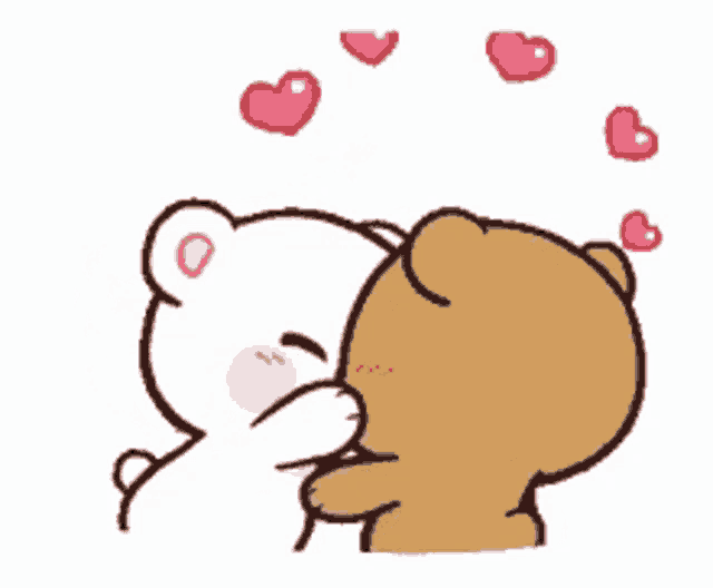 a couple of teddy bears kissing each other with hearts flying around them .