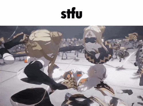 a video game scene with the word stfu on top
