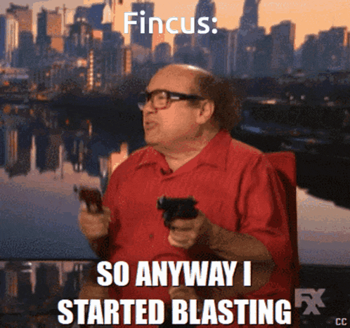 a man in a red shirt is holding a gun and says " fincus so anyway i started blasting "