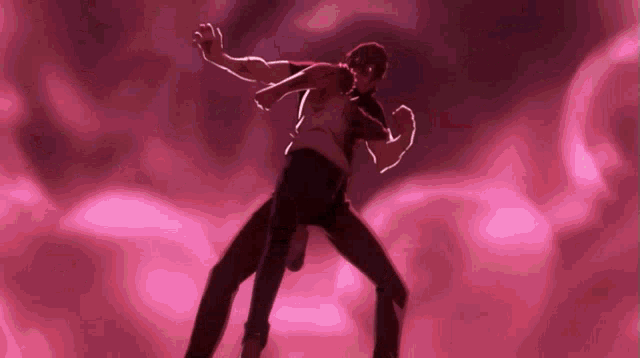 a man in a white shirt and black pants is dancing in front of a red background