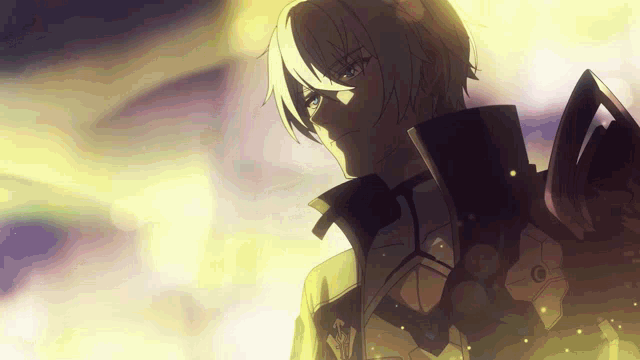 a man with white hair and blue eyes is standing in front of a yellow light