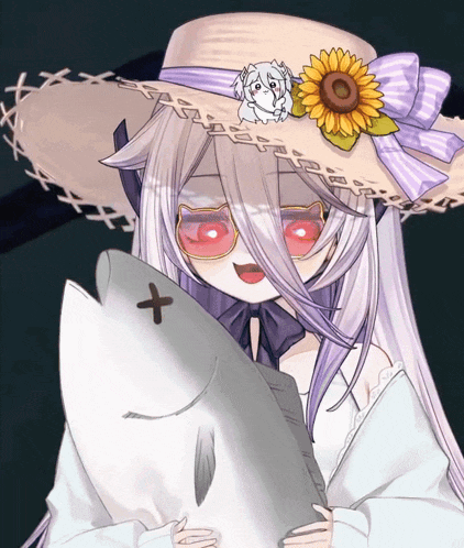 a girl wearing a hat with a sunflower on it holds a fish