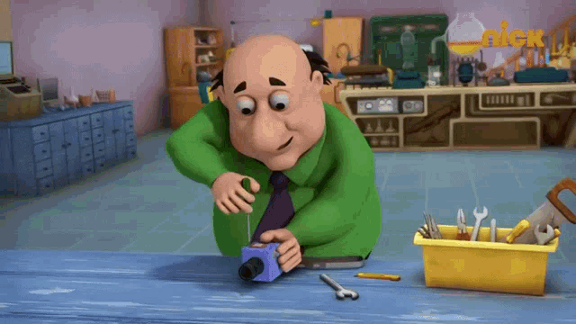 a man in a green shirt and tie is working on a camera in a nick cartoon scene