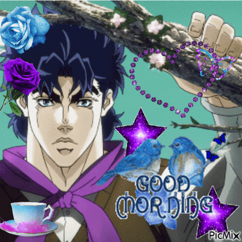 a man in a purple scarf is surrounded by birds and flowers and says good morning picmix