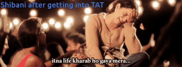a woman sitting on the ground with the words shibani after getting into tat written above her