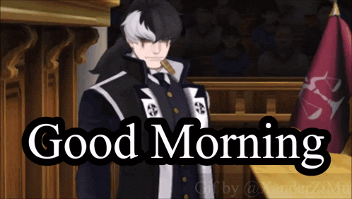 a man in a suit stands in front of a crowd and says good morning