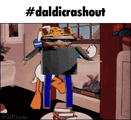 a picture of a cartoon character with the words #daldicrashout on it