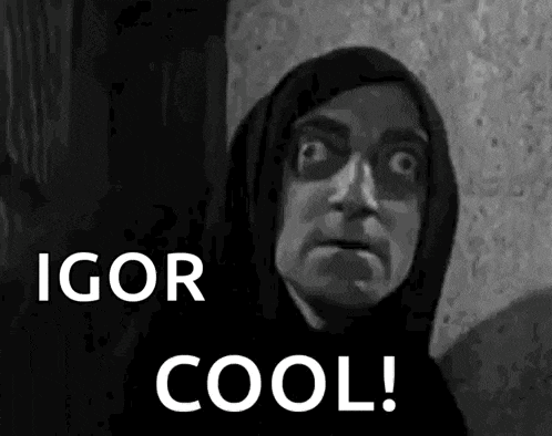 a black and white photo of a man in a hood with the words `` igor cool '' written on it .