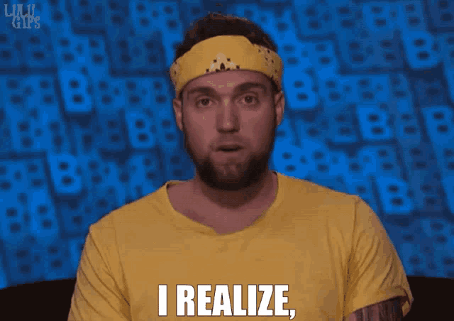 a man wearing a yellow shirt and a yellow headband says " i realize "