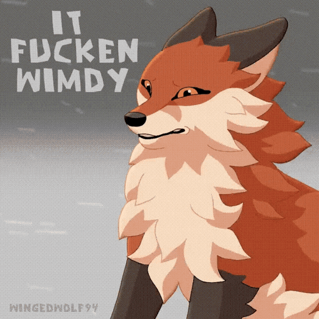 a cartoon of a fox with the words " it fucken wimpy " above it