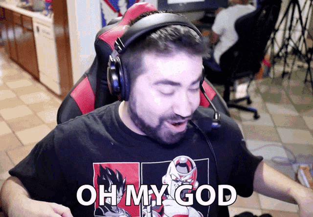 a man wearing headphones and a shirt that says oh my god on it