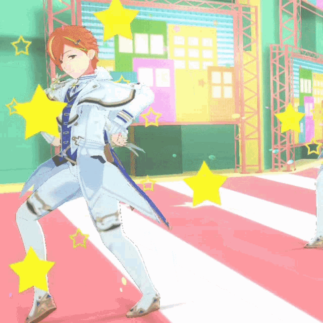 a cartoon character is standing on a red and white striped floor with yellow stars surrounding him