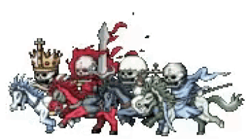 a group of skeletons riding on the backs of horses in a pixel art style .