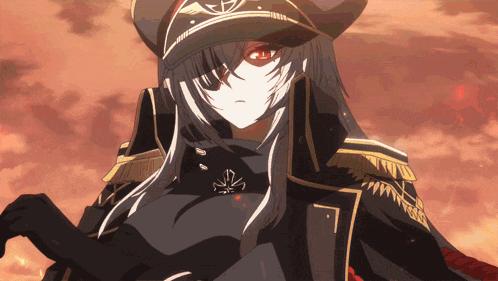 a girl with long black hair and red eyes wearing a military uniform