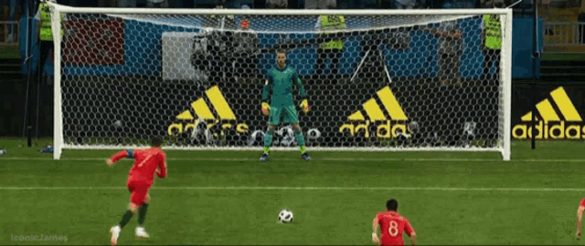 a soccer player with the number 8 on his jersey is about to kick the ball