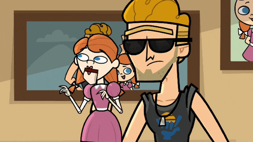 a man wearing sunglasses stands next to a girl in a dress