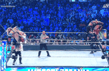a referee is standing in the middle of a wrestling ring watching a match between two wrestlers .