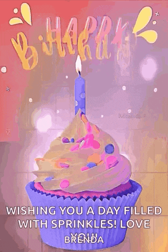 a birthday card with a cupcake and a candle on it .