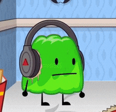 a green cartoon character wearing headphones with an arrow pointing to the left