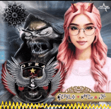 a girl with pink hair and horns stands in front of a skull and wings