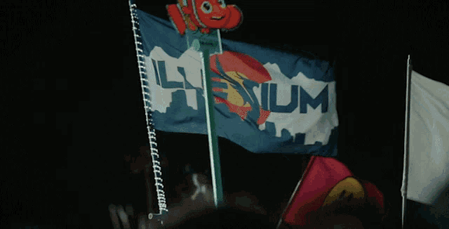a few flags including one that says lithium on it