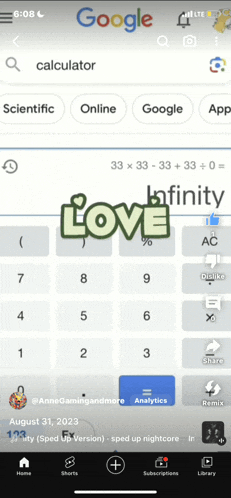 a phone screen shows a calculator with the word love on it