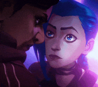 a man and a woman are looking at each other and the woman has blue hair