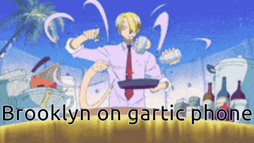 a brooklyn on gartic phone advertisement with a man holding a tray