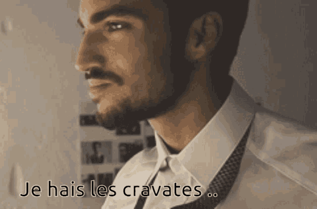 a man with a beard wearing a white shirt and tie says je hais les cravates