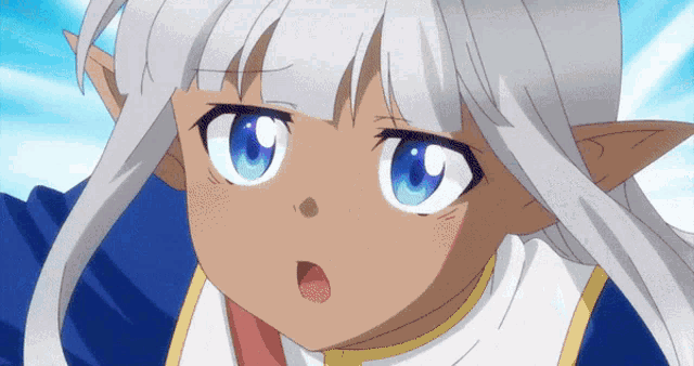 a cartoon character with white hair and blue eyes looks surprised