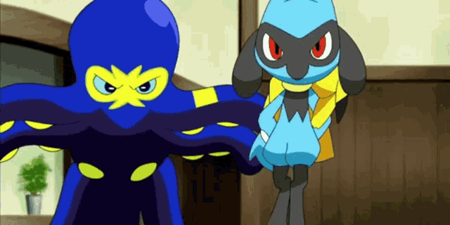 a blue and yellow cartoon character standing next to a blue and yellow cartoon character