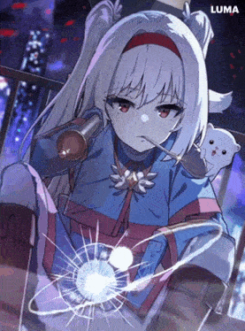 a girl with white hair and red eyes is holding a white teddy bear in her arms