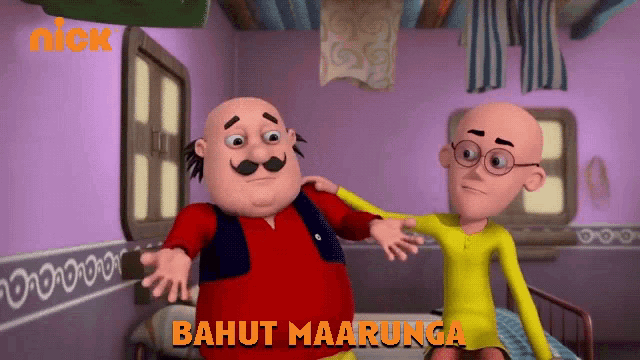 two cartoon characters are standing next to each other and the words bahut maarunga are on the screen
