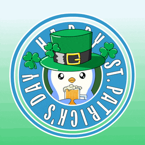 a logo for st. patrick 's day with a penguin in a green hat