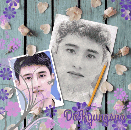 a drawing of a young man is surrounded by purple flowers and the name do kyungsoo