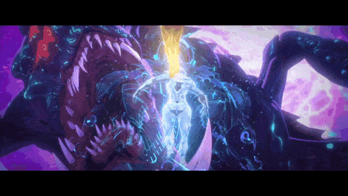 a purple and blue painting of a monster and a person