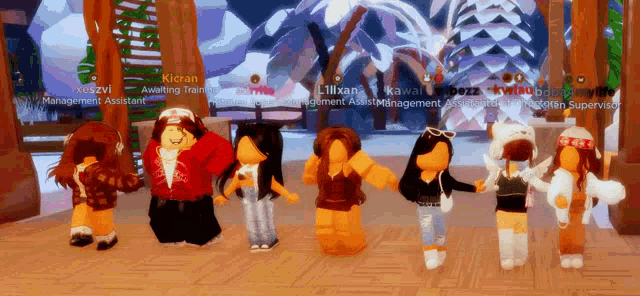 a group of roblox characters are standing in a line and one of them has the name kieran on it