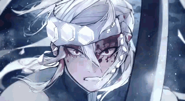 a close up of a person with long white hair holding a sword in their hand .